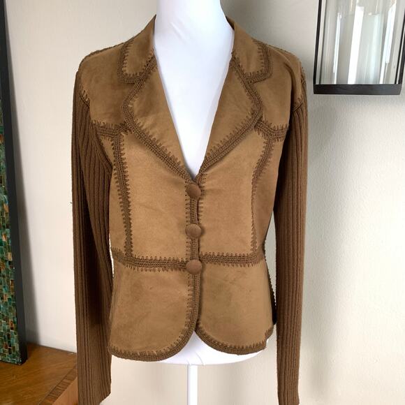 Vintage Size L Faux Suede Ribbed Knit Blazer Jacket Brown Granny Square Crochet - Picture 1 of 10
